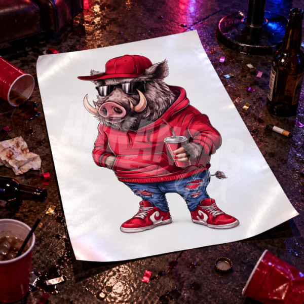 Streetwear Wild Hog in Red Hoodie and Sunglasses